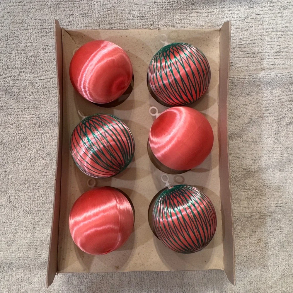 Vintage 1960s Shiny Brite Christmas Ornaments Pink Satin Green Stripes  MCM